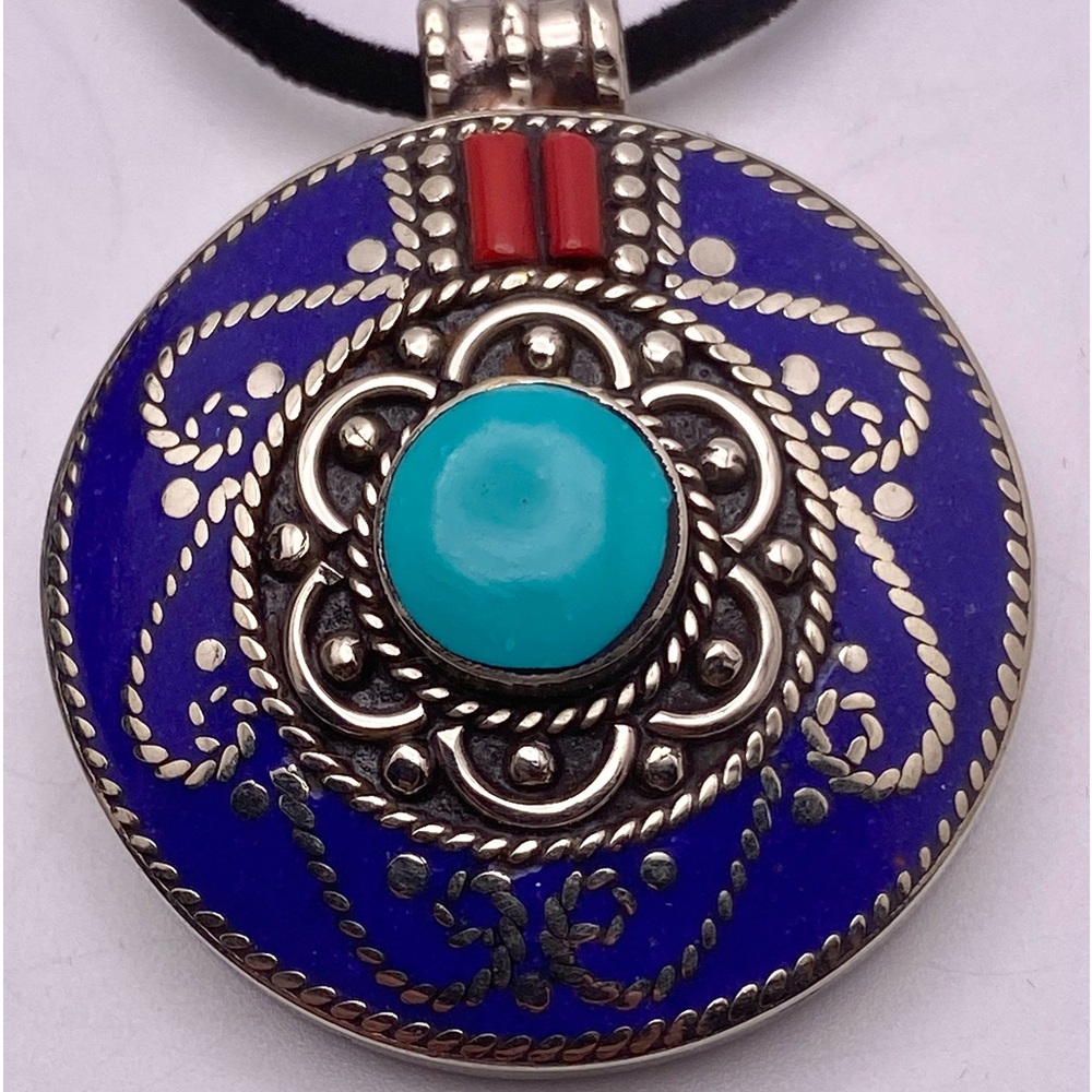 Tibetan Silver and Lapis Pendant 2” Necklace Cloth Rope 9” Extender 3”